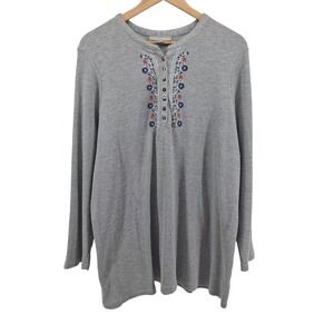 Woman Within Gray Floral Embroidered Thermal‎ Knit Henley Tee Plus Sz 2X Cozy